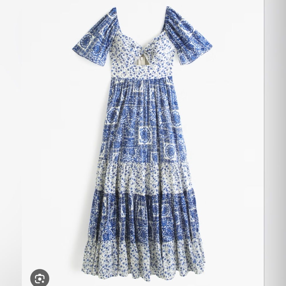 NWT Abercrombie & Fitch Twist Front Tiered Maxi Dress Large Tall Blue Patterned